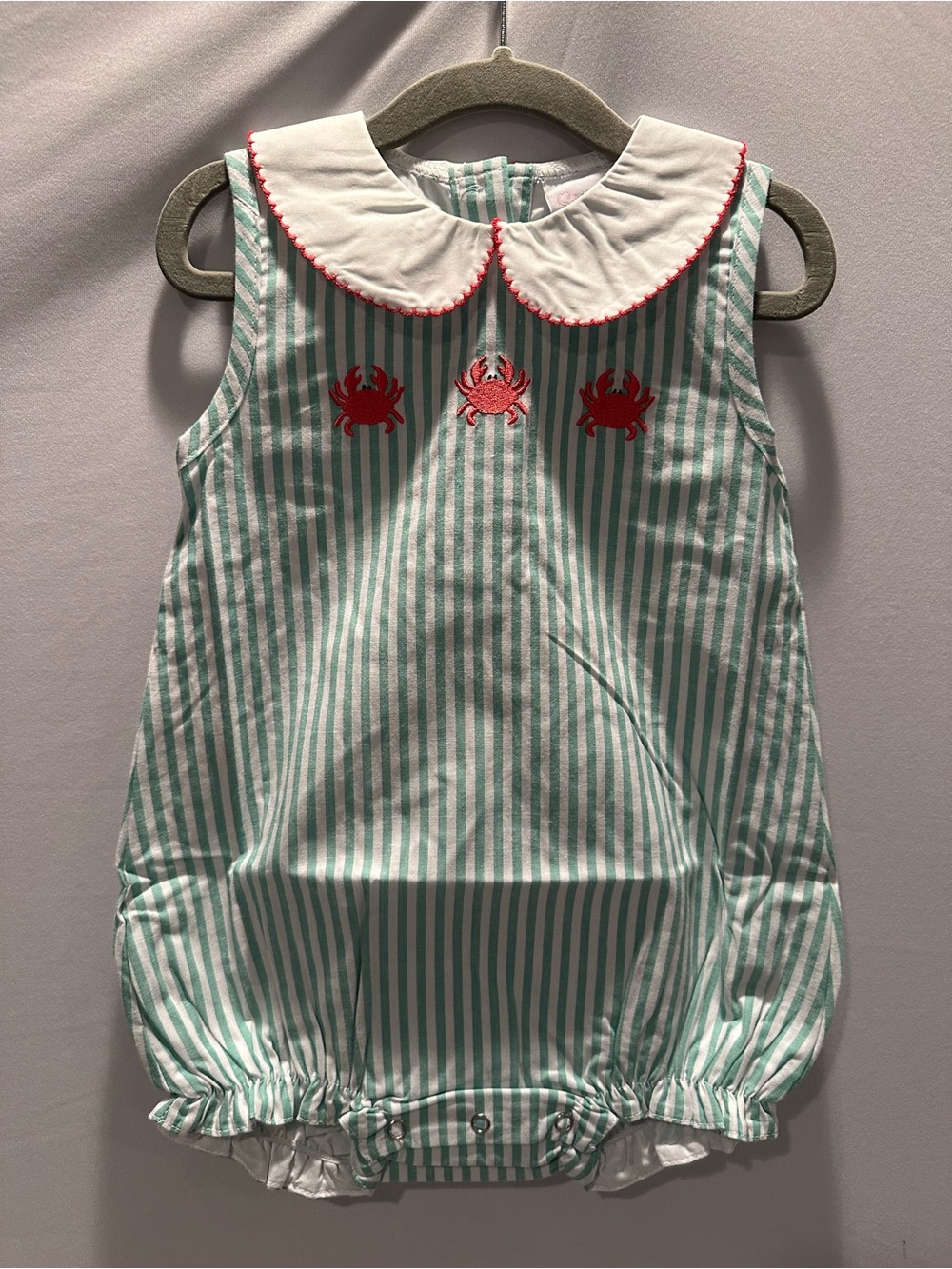 Striped Green & White Baby Romper with Crab Embroidery